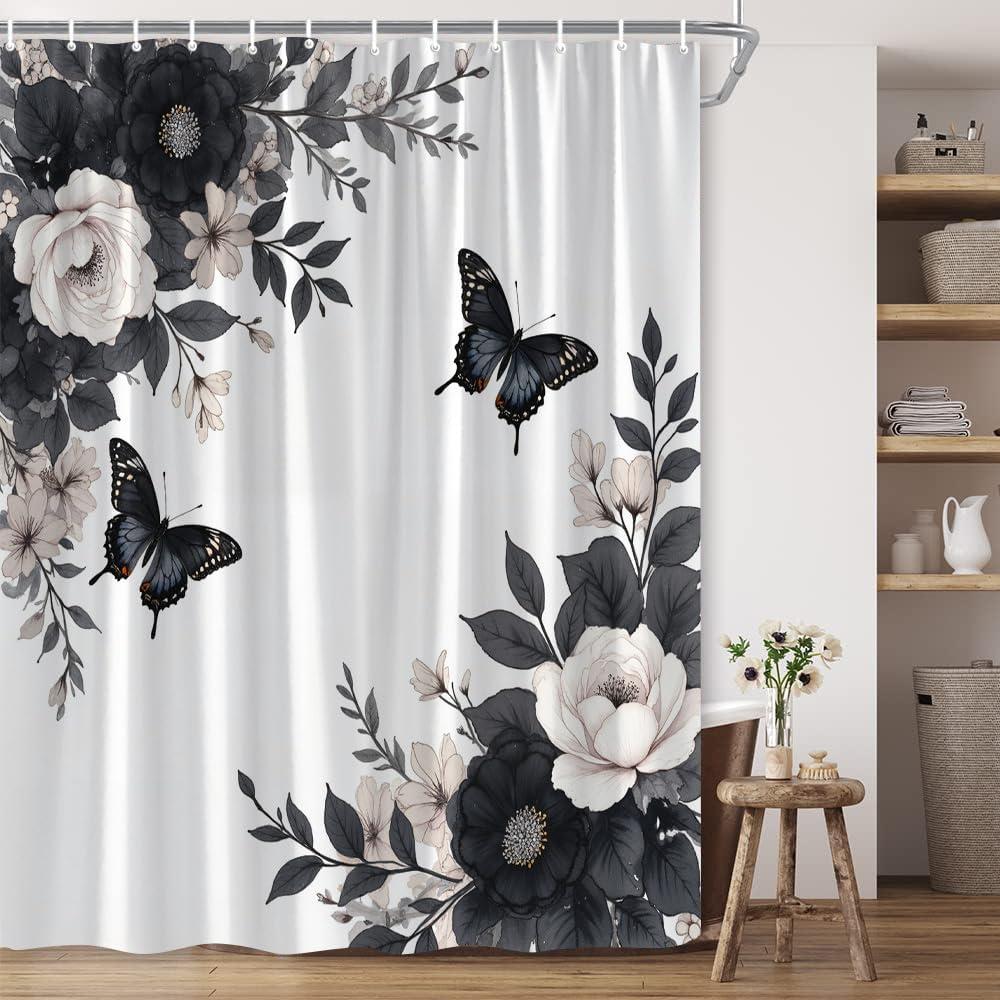 Black White Floral Shower Curtain Rustic Flower Butterfly Grey Floral Leaf Vintage Botanical Polyester Fabric Bathroom Decor 7070 Inch with Hook
