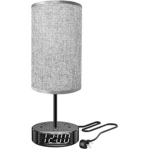 Touch Control Nightstand Light Bedside Table Lamp with USB C Charging Ports Alarm Clock 3 Way Dimmable Lamp for Bedroom Living Room Home Thanksgiving and Christmas Gifts (Gray)