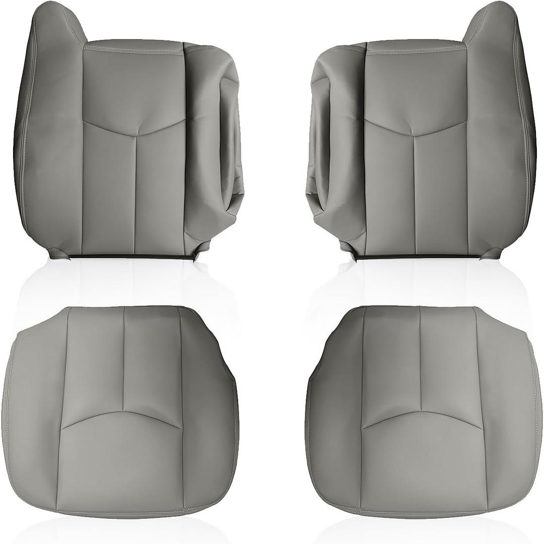 Front Leather Seat Cover Set Gray Compatible with Silverado Sierra Suburban 2003-2007 Bottom+Top Driver & Passenger Seat Cover, Pack of 3