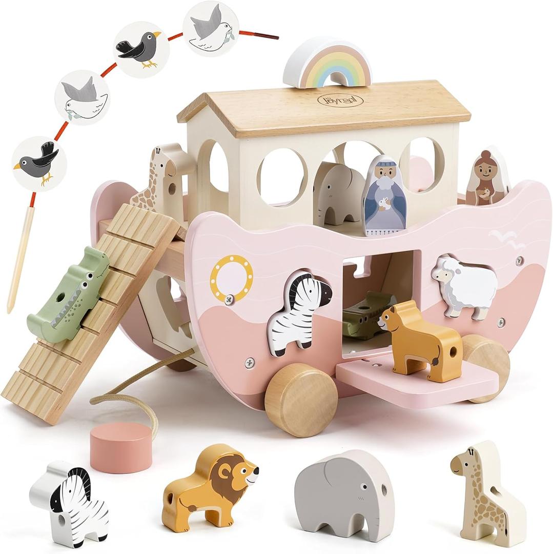 Joyreal Pink Wooden Noah's Ark Toy for 1 Year Old Baby Girl Baptism Gift - Montessori Educational Toy with Animal Shape Sorter - Christian Toys for Toddler Boy 1-3 Years Old Christmas Birthday Gift