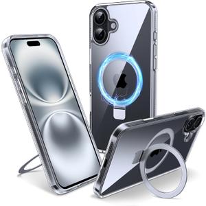 Magnetic Case for iPhone 16 - [Built-in Invisible Stand] [Compatible with MagSafe] [Military Grade Drop Protection] Anti-Yellowing Hard Back Silicone Edge Cover, 6.1", Clear