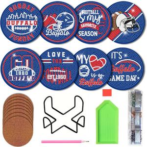 Bartogro 8 Pcs Diamond Painting Coaster Kits, DIY Football Diamond Art Coasters with Holder Sports Diamond Art Crafts Supplies for Buffalo Design