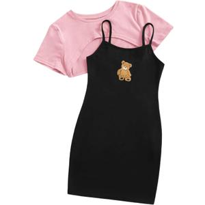 SOLY HUX Girl's 2 Piece Outfits Short Sleeve Crop Top and Cartoon Print Cami Dress Set (Pink and Black Bear)