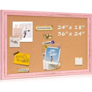 Cork Bulletin Board 36" x 24", Wall Mounted Cork Board with Pink Wooden Frame, Decorative Pin Board for Office, Home & Classroom Decor, White