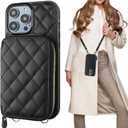 Bocasal Crossbody Wallet Case for iPhone 14 Pro, RFID Blocking PU Leather Zipper Handbag Purse Flip Cover, Kickstand Folio Case with Card Slots Holder Wrist Strap Lanyard 5G 6.1 Inch (Black)