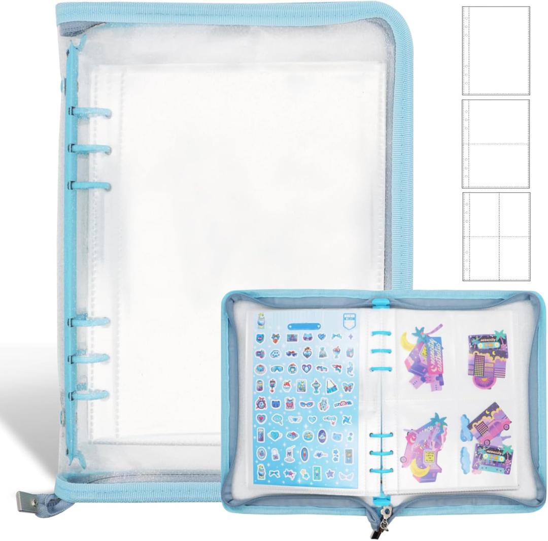 Sticker Storage Organizer Binder A5 Reusable Sticker Book Collecting Holder Keeper Album with Pocket Zipper for Adult (blue)