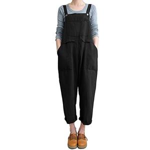 Aedvoouer Women's Linen Overalls Casual Jumpsuits Wide Leg Rompers Baggy Bib Summer Outfits with Pockets,M,Black