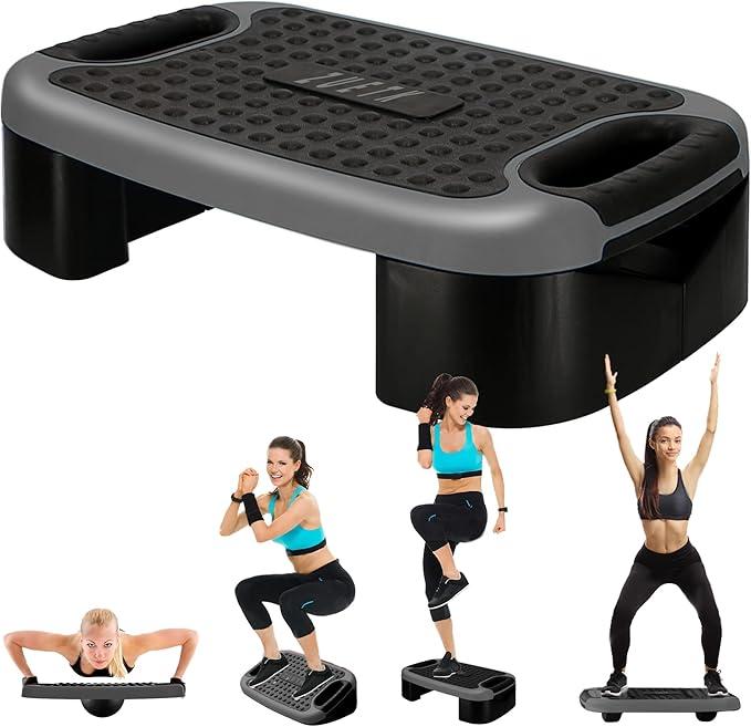 4-In-1 Aerobic Balance Board and Step Up Exercise Platform - Adjustable Multifunctional Balance Board Slant Board, Steppers for Exercise - Home Workout Non Slip Stepper Platform (Gray)