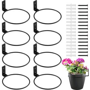8-Pack 6 Inch Flower Pot Holder Ring Wall Mounted Metal Flower Pot Hangers Wall Hanger Bracket Rings Black Planter Bracket for Home, Garden, Indoor Outdoor Pots