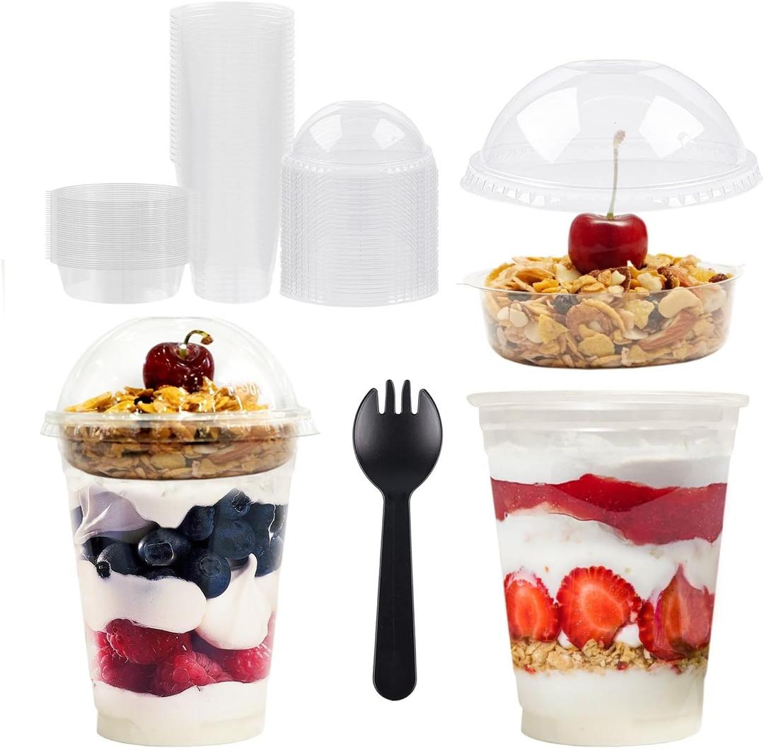Parfait Cups - 9 Oz - 50 Set - Reusable Dessert Cups With Dome Lids & Inserts - Crystal Clear Plastic - Spill and Leak Proof