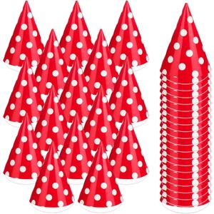 Mumufy 100 Pcs Red Cone Party Hats White Round Dot Lovely Birthday Party Headwear for Stuffed Animals, Pets, Adults Birthday Decorations Headwear Supplies