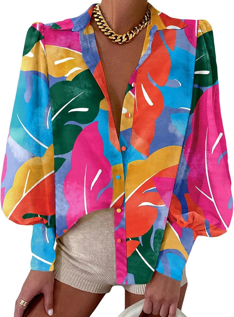 BTFBM Women Fashion Button Down Shirts V Neck Printed Solid Boho Long Sleeve Blouses Dressy Casual Summer Fall Tops (X-Large, Multicolored)