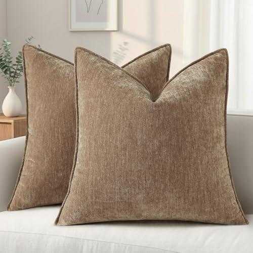 decorUhome Summer Couch Throw Pillow Covers 18x18 Set of 2, Decorative Soft Velvet Modern Cozy Chenille Pillow Cases with Elegant Design for Sofa Bed Living Room Home Decor, Brown
