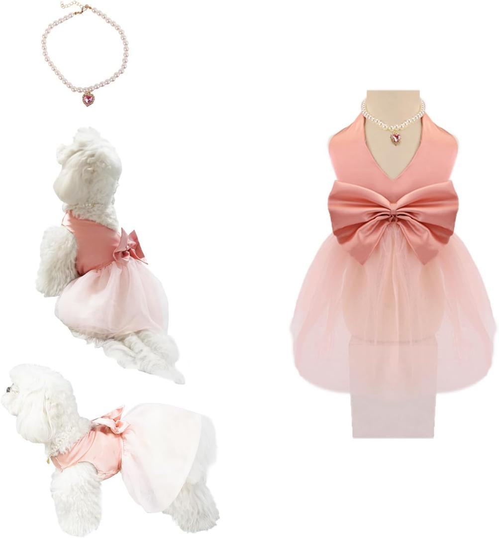 Summer Girl Dog Dress, Dog Silk Tulle Dress, Cute Princess Dogs Dresses with Bow, Lace Pet Birthday Party Outfit Puppy Tutu for Small Dogs, Fancy Puppy Clothes for Chihuahua Teacup Yorkie (X-Large, Pink)