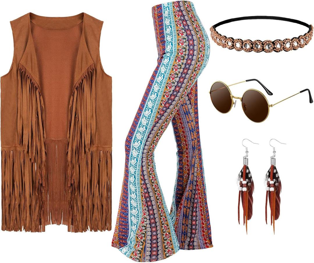 Leumoi 5 Pcs 60s 70s Costume for Women Disco Outfits Hippie Accessories Fringe Vest Boho Flared Pants Set for Carnival (Medium, Retro)