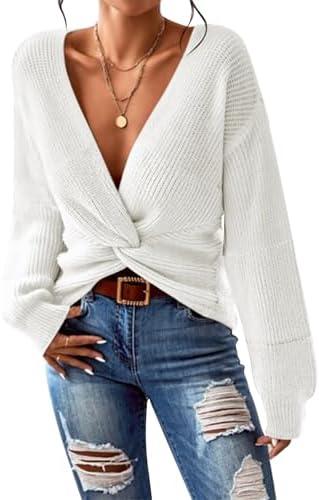 Kisscynest Womens Sweaters 2025 Casual Sexy V Neck Long Sleeve Pullover Sweaters Twsit Knot Knit Cropped Jumper Tops Size L