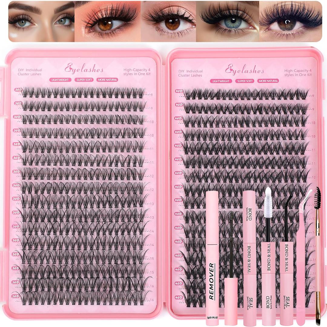 Lash Clusters Kit, 640 Pcs Eyelashes Cluster Extensions Kit 9-16mm Flufffy Individual Lashes 30D-60D D Curl False Eyelashes with Thin Band Match Tools for DIY (30D+40D Kit 9-16mm)
