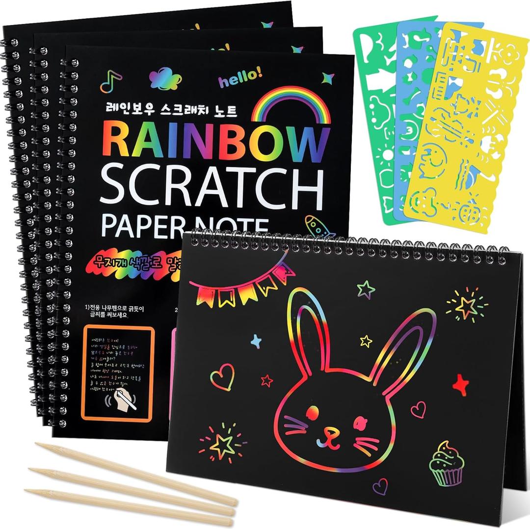 Prudiut 3 Packs Rainbow Scratch Art, Scratch Notebook Scratch Paper Art Gifts for Kids DIY Craft Birthday Party Games Classroom Easter Gifts for Kids