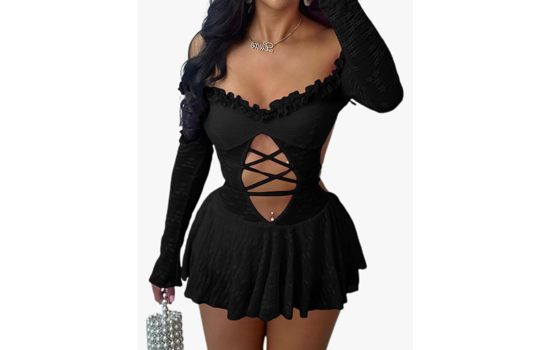 Long Sleeve Mini Dresses for Women Hollow Out Bandage Robe Club Sweet Slim Short Dress M