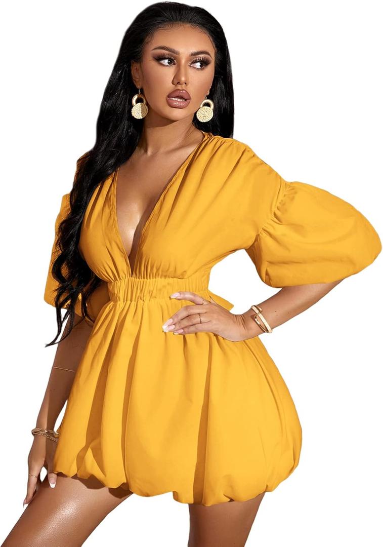 WDIRARA Women's Deep V Neck Puff Sleeve High Rise Flare Dress Elastic Waist Dress (Medium, Yellow) WDIRARA Women's Deep V Neck Puff Sleeve High Rise Flare Dress Elastic Waist Dress (Medium, Yellow)