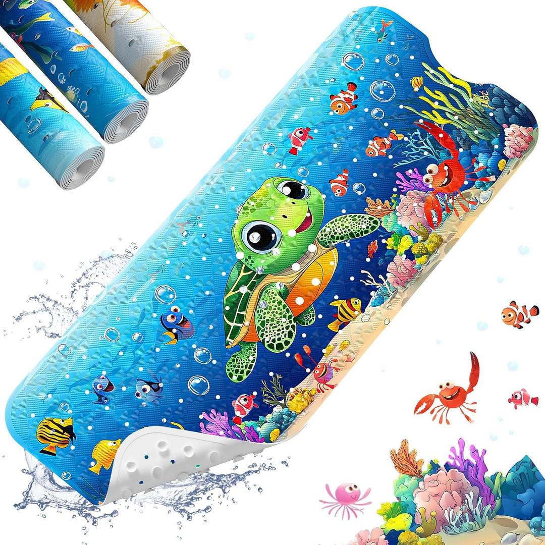 XIYUNTE Baby Bath Mat for Tub Non Slip Kids Bath Mat - 40''x16'' Extra Long Cartoon Turtle Baby Bath Tub Mat Eco-Friendly Toddler Bath Mats with Suction Cups & Drain Holes, Easy to Clean & Easy Drying