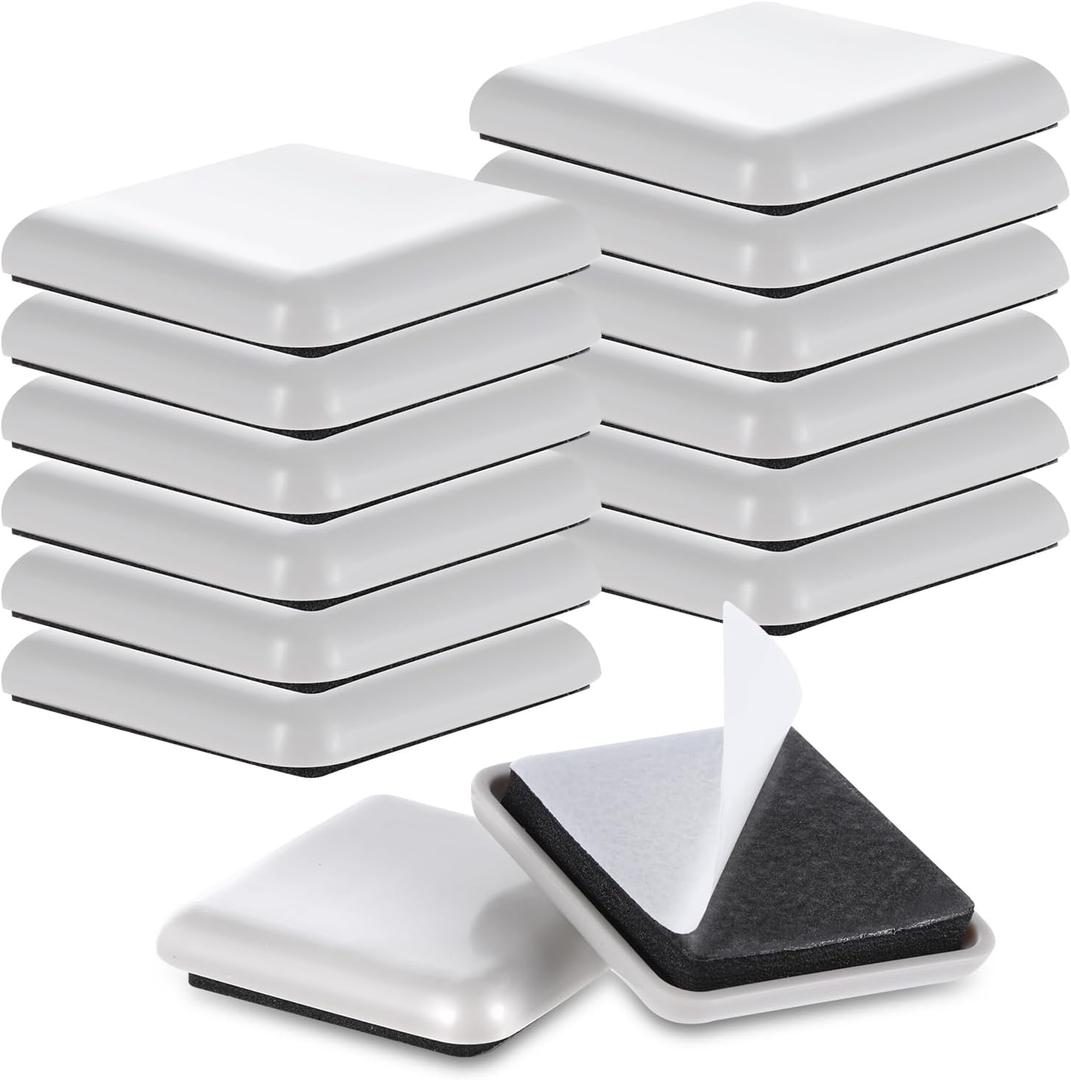 12Pcs Furniture Sliders, 1.5 Inches Self-Adhesive Furniture Sliders Pads, Square Reusable Furniture Moving Glides Sliders for Carpet Hardwood Floors Heavy Sofa Chair Table Couch Cabinet Fridge