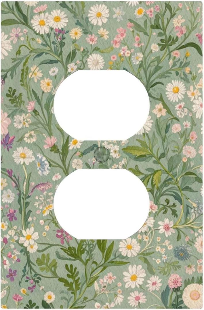 Decorative Outlet Covers with Vintage Wildflowers & Daisies on Light Green Background Design 1 Gang Duplex Light Switch Cover Plate Unique Wall Plates Switchplate Cover
