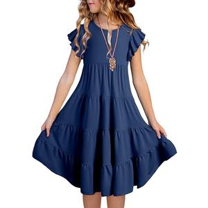 blibean Girls Summer Boho Sun Dress Tween Ruffles Tiered Dresses, Color: A Dark Blue,  Size 12-13 Years
