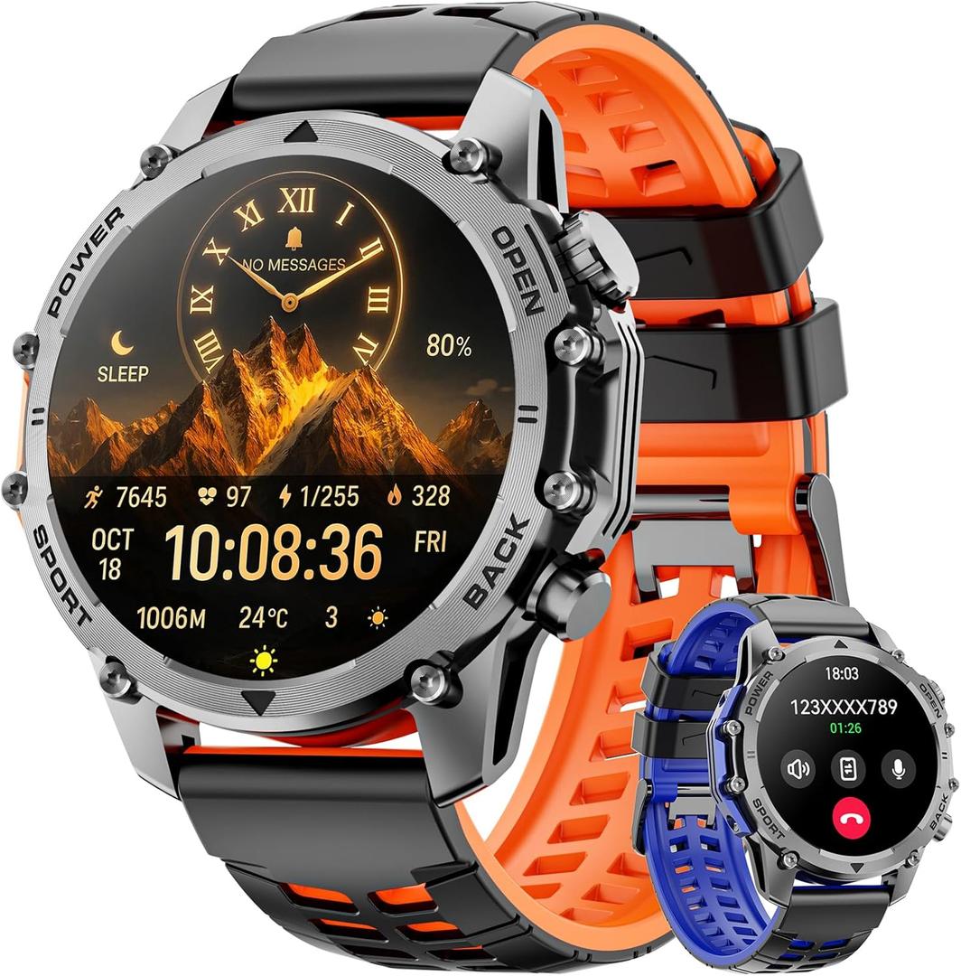Smart Watch (Call/Notification),1.52'' Military Smart Watches for Men, Two Style Kits,Flashlight,100+Sport Modes/Heart Rate/Sleep Monitor/Pedometer, Fitness Tracker Android Phones iPhone Compatible (Orange-blue)