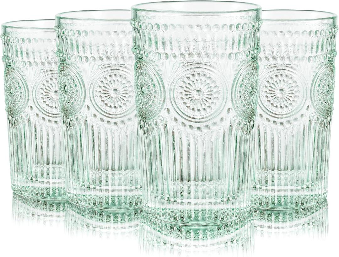 CREATIVELAND Colored Vintage Drinking Glasses Set of 4, 11.84 oz Romantic Embossed Water Glasses, Colored Tumblers Tempered Glass for Juice, Beverages, Beer, Cocktail (Green)