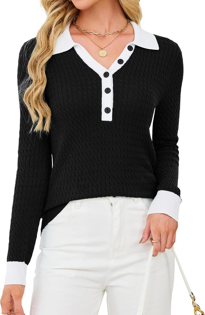 Blooming Jelly Women's Cable Knit Sweater Long Sleeve Pullover Tops 2025 Fall Fashion Trendy Old Money Clothes (X-Large, Black and White)