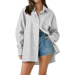 AKEWEI Button Down Shirts for Women Long Sleeve Collared Work Blouse Fashion Oversized Office Shirts with Pocket (Gray, L)