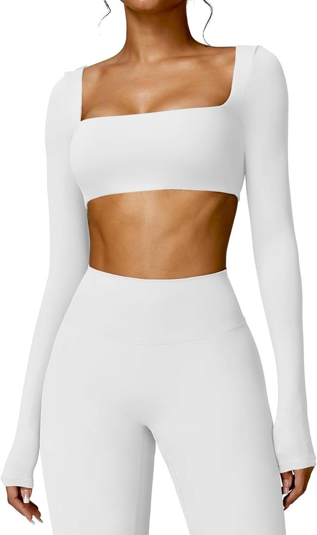 YEOREO Kyla Women Crop Top Long Sleeve Padded Sports Low Medium Impact Yoga Shirt Workout (Small, White)
