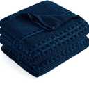 Cooling Waffle Weave Blanket Queen Size, 60% Cotton 40% Rayon Derived from Bamboo 90"X90", Navy Blue Soft Lightweight Bed Throw for Hot Sleepers, Breathable Cozy Comfort for Couch Sofa