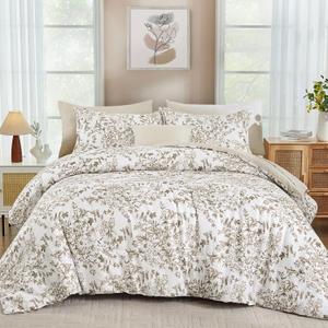 WONGS BEDDING Comforter Set Queen Size, 8 Pieces Brown Floral Botanical Comforter Sets, Bed in a Bag Soft Lightweight Microfiber Bedding Sets for All Seasons (90"x90")