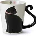 VOTUM Black Cat Ceramic White Coffee or Tea Mug - Animal Shaped Cup with Hand Printed Designs - Cute Handmade Gift for Men or Women Cat Lovers - 12 Fluid Ounce