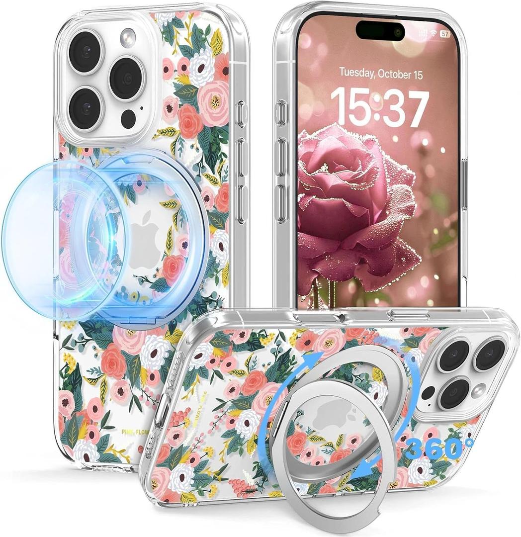 for iPhone 16 Pro Max Case with MagSafe Stand Ring for Women, Cute Spring Floral Design with 360 Kickstand Holder Magnetic Shock Proof Heavy-Duty Protection Pink Flower
