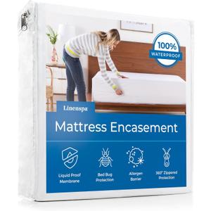 Linenspa Zippered Mattress Encasement - Waterproof & Bed Bug Proof - Premium Noiseless & Absorbent Cover  Queen, White