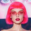 JoneTing Megenta Pink Bob Wig+Hair Cap+Sunglasses Neon Short Bob Wig Synthetic Party Wigs for Women Pink Funny Cosplay Wigs for Cosplay Halloween Party