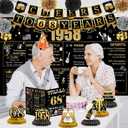 68th Birthday Decorations for Women Men, 18PCS Black Gold Back in 1958 Banner Decorations, Bday Backdrop, 68 Year Old Banner for Mother Dad, Birthday Card, 6 Paper Poms 9 Honeycomb Balls