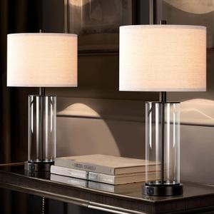 Kyrid 23.5'' Glass Table Lamp Set of 2 for Living Room with USB Ports and AC Outlets(Bulbs Included)