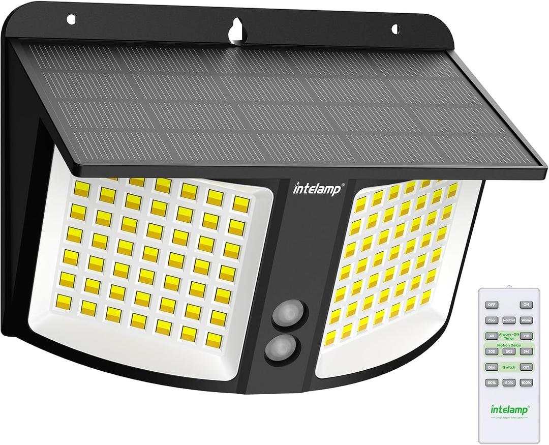 intelamp Solar Motion Sensor Light, Security Flood Light with Remote Control, Dual Color 3000K/6500K, 180 Radar Detection Sensor, IP65 Waterproof Wall Light for Porch, Garden, Yard, Garage, Fence