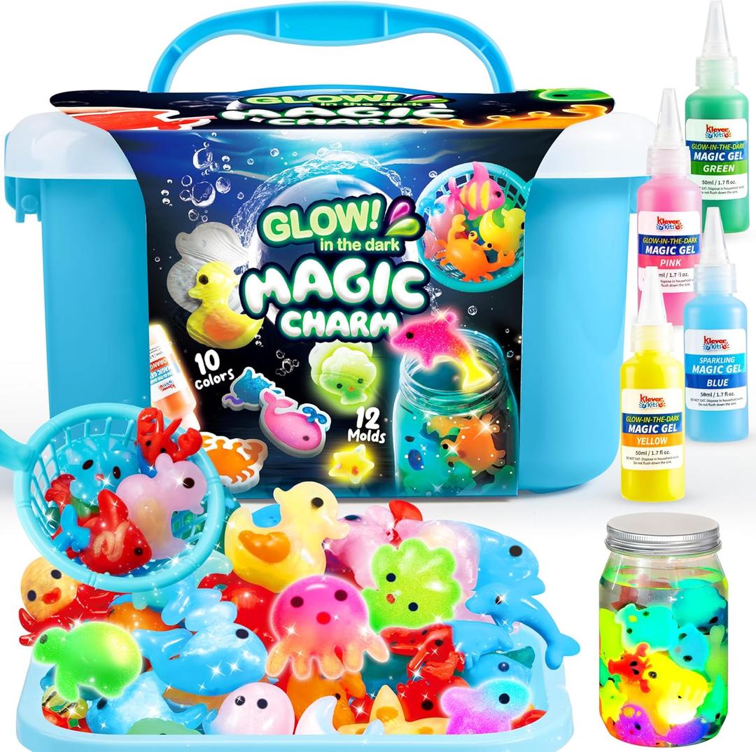 Klever Kits Glow-in-The-Dark Water Gel Kit, Magic Fairy Water Pets Toy Kit with 10 Gels(7 Glow-in-The-Dark Gels), 12 Molds, Preserving Bottle, DIY STEM Craft Kits, Arts and Crafts for Kids