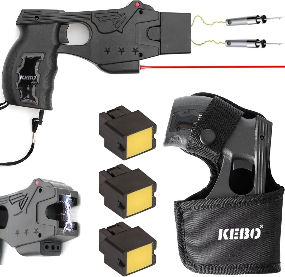 KEBO Heavy Duty Stun Gun with LED Flashlight, 15 Foot Range, 1.80 C Painful, Rechargeable Self Defence Stun Gun for Man and for Woman, LED Flashlight, Safety Switch