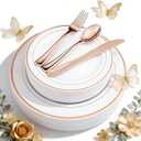 WDF-125PCS Rose Gold Plastic Silverware&Disposable Plastic Plates - Disposable Plates include 25 Dinner Plate,25 Salad Plate,25 Forks, 25 Knives, 25 Spoons for Mother's Day Wedding Party Birthday