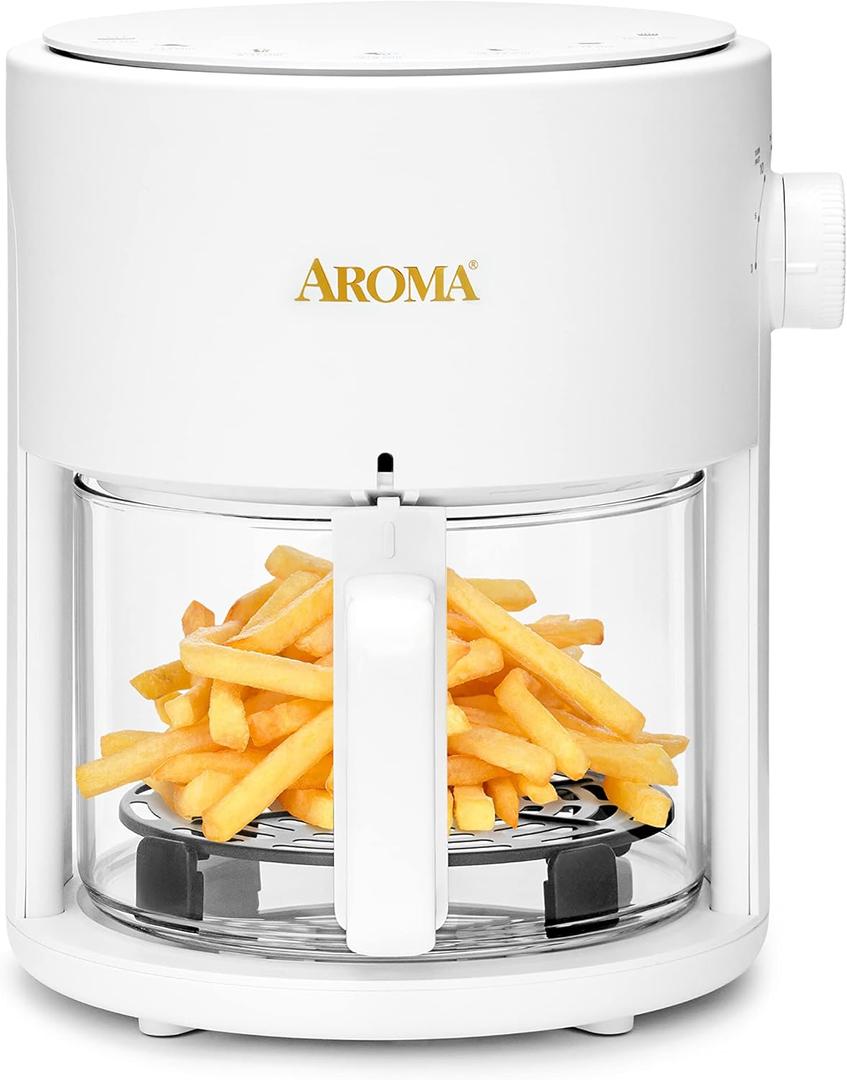 AROMA Glass Air Fryer and Countertop Convection Oven with Powerful 360Crispy Technology (3 Quart), White