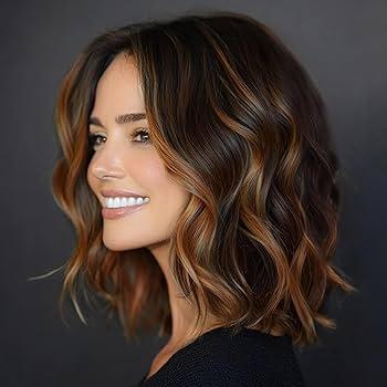 AISI HAIR 14 Inch Brown with Blonde Highlight Wigs for Women - Shoulder Length Wave Wig with Pre-Cut Lace Hairline, Middle Part Natural Wavy Bob Synthetic Heat Resistant Fiber for Daily and Party