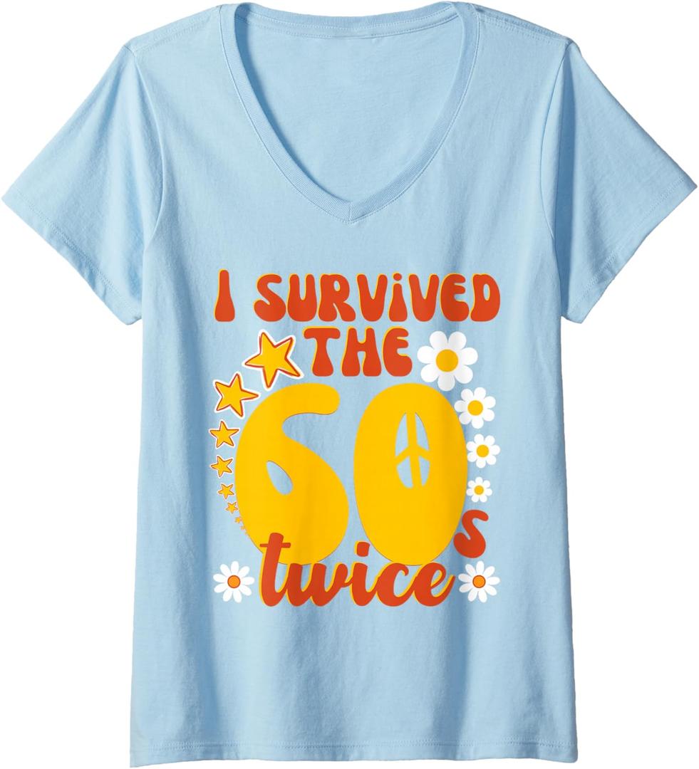 Womens I Survived The Sixties Twice, 70th Birthday Joke grandparent V-Neck T-Shirt (Blue, M)