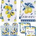 FoldTier 6 Pcs Capri Lemon Kitchen Decoration Set Blue Lemons Towels Pot Holders Oven Mitts Set Amalfi Coast Kitchen Accessories Mediterranean Housewarming Gifts for Summer Baking Cooking