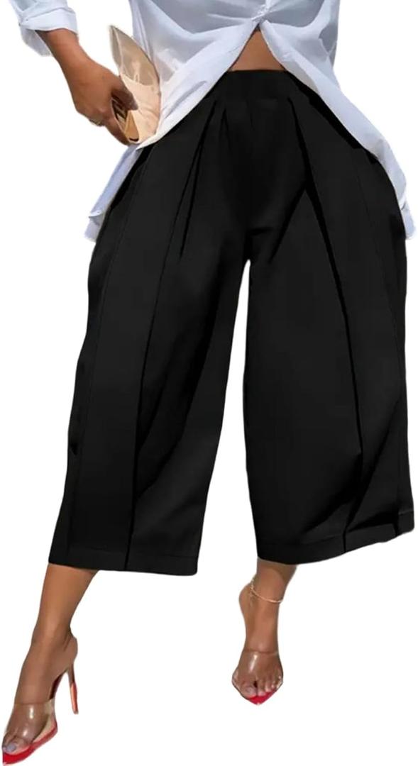 Tbahhir High Waisted Wide Leg Cropped Pants for Women Pleated Loose Fit Ankle Casual Palazzo Capri Trousers with Pockets (Black, XXL)